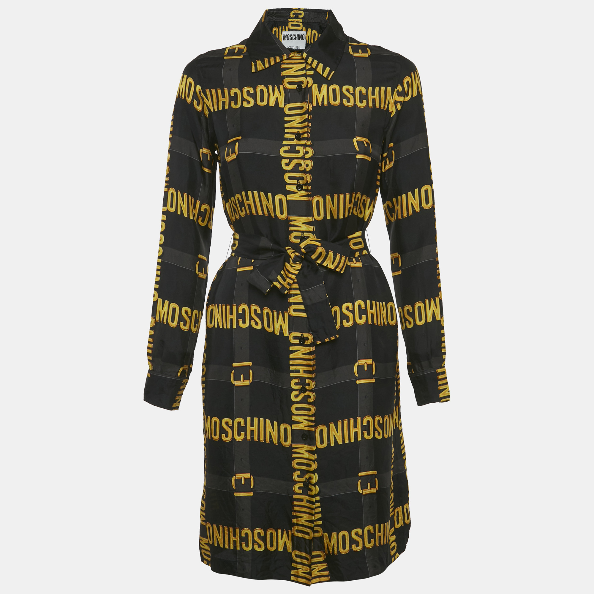 

Moschino Couture Black Logo Printed Silk Belted Shirt Dress S