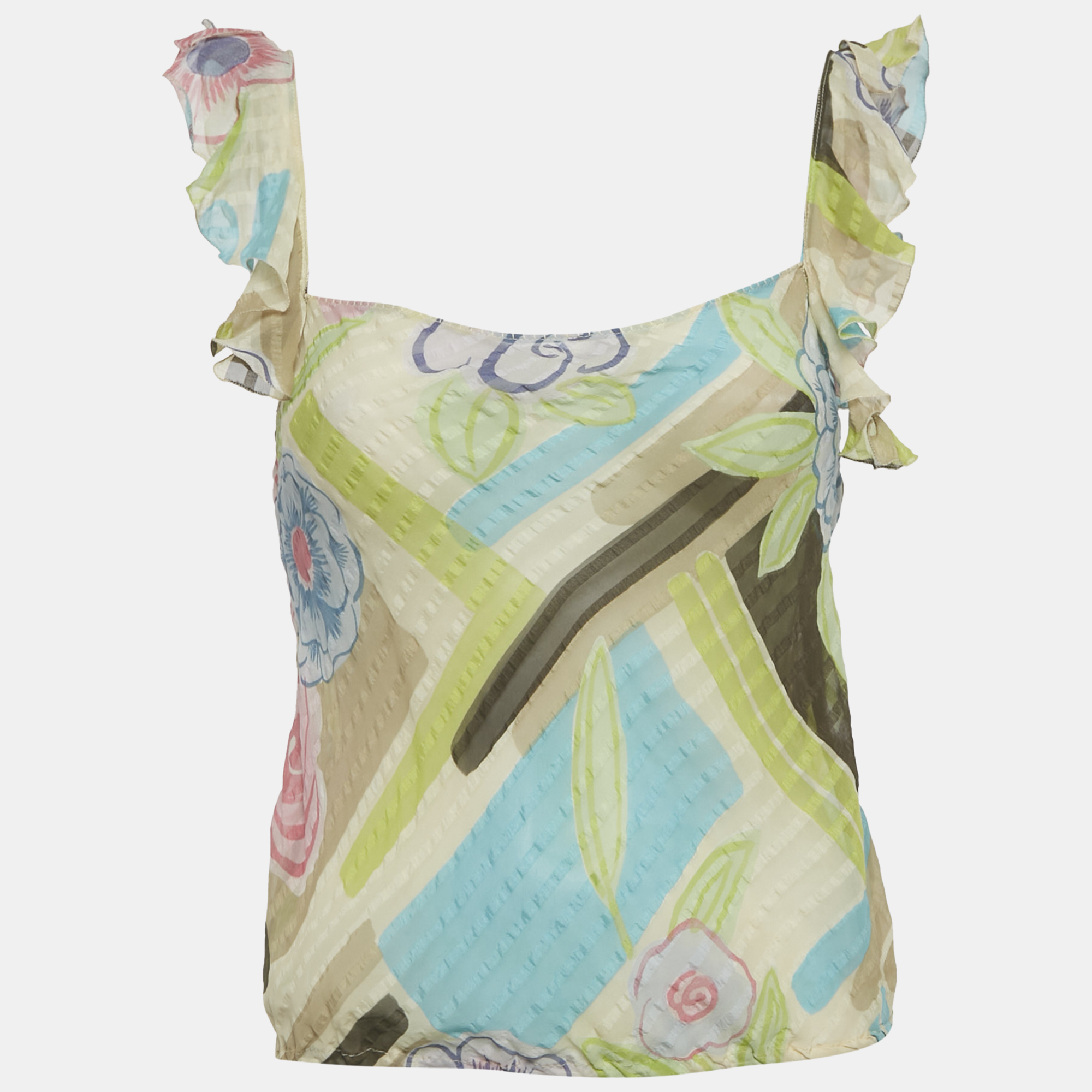 

Moschino Multicolor Printed Silk Ruffe Sleeve Sheer Top M