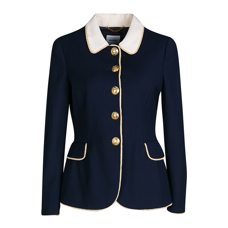 Pre Owned Moschino Navy Blue Contrast Collar Lurex Trim Detail Wool Blazer M