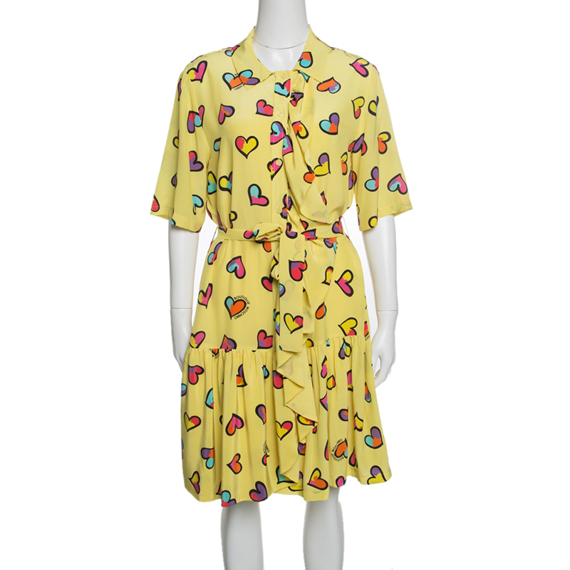 Pre Owned Boutique Moschino Yellow Heart Printed Silk Ruffle Front Drop Waist Dress M