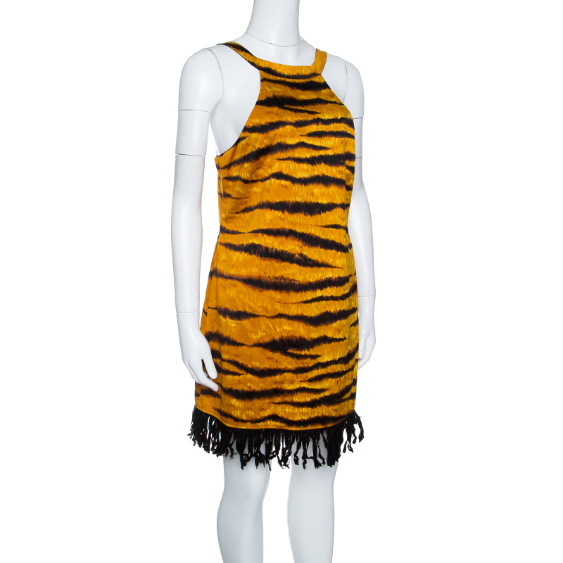 

Moschino Tiger Stripe Printed Cotton Contrast Fringe Bottom Sleeveless Dress, Yellow