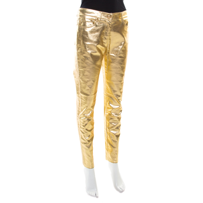 

Moschino Couture Metallic Gold Cotton Stretch Tapered Jeans