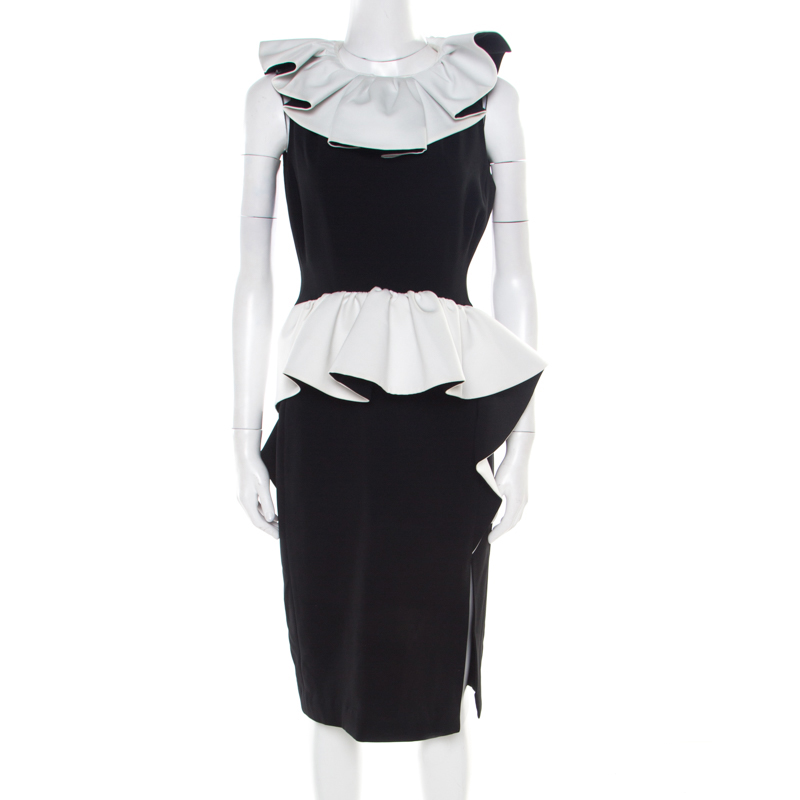 

Moschino Monochrome Crepe Ruffled Trim Sleeveless Midi Dress M, Black
