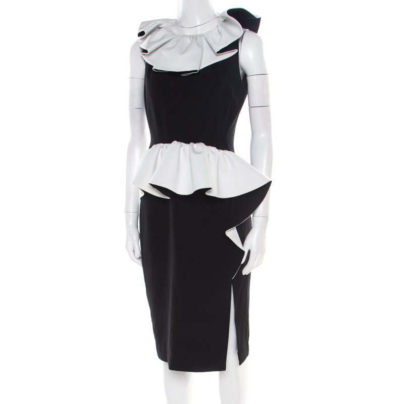 Pre-owned Moschino Monochrome Crepe Ruffled Trim Sleeveless Midi Dress M In Black