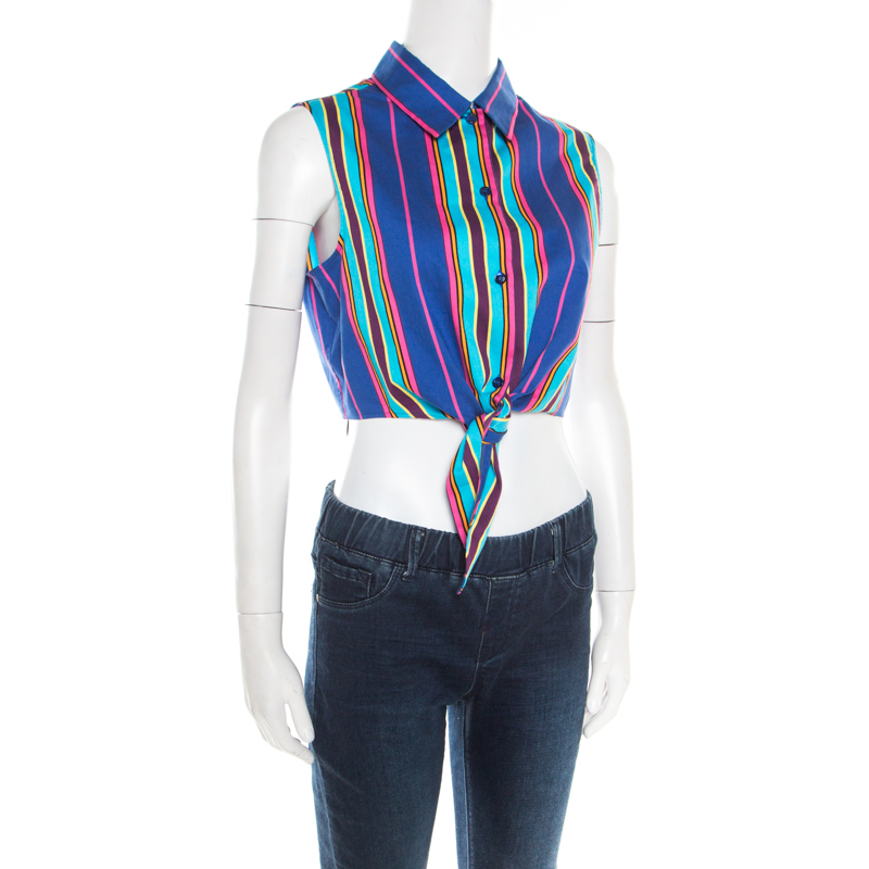 

Moschino Couture Sriped Cotton Sleeveless Tie Bottom Cropped Shirt, Multicolor