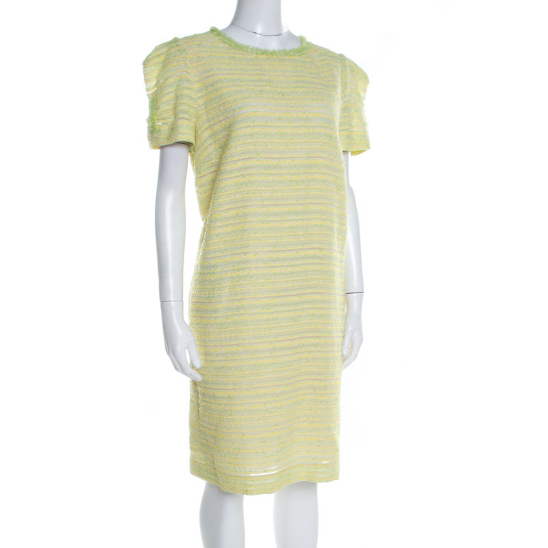 

Boutique Moschino Yellow Textured Striped Tweed Shift Dress