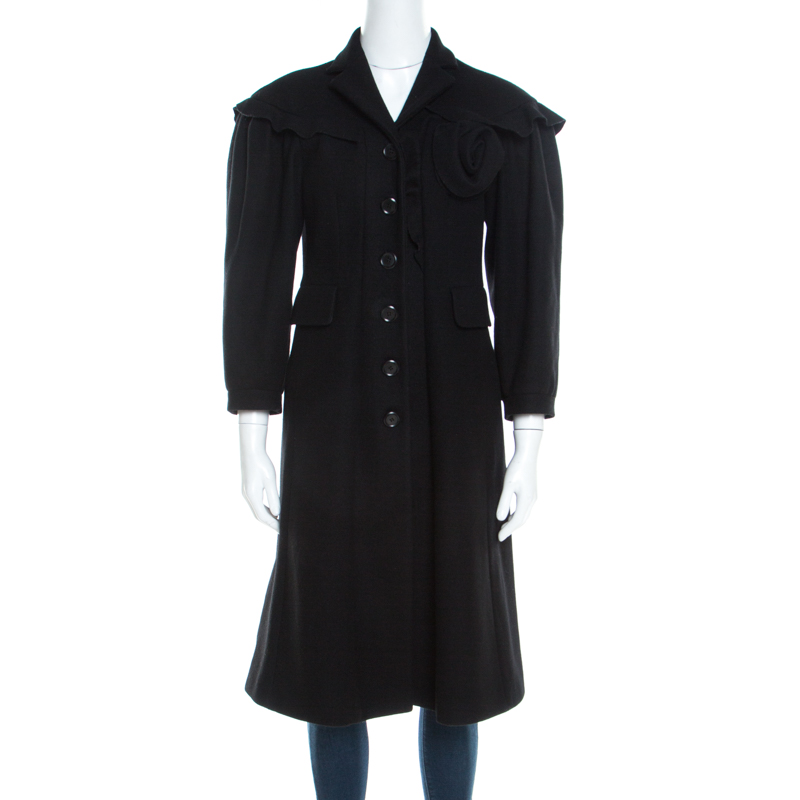 

Moschino Black Wool Ruffled Trim Rosette Applique Button Front Long Coat