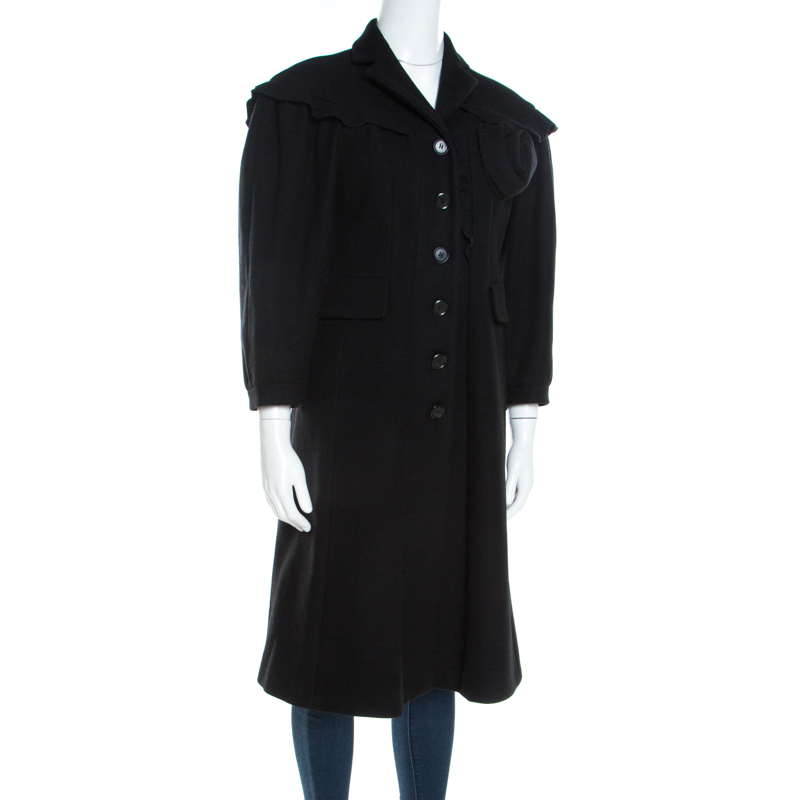 Pre-owned Moschino Black Wool Ruffled Trim Rosette Applique Button Front Long Coat M
