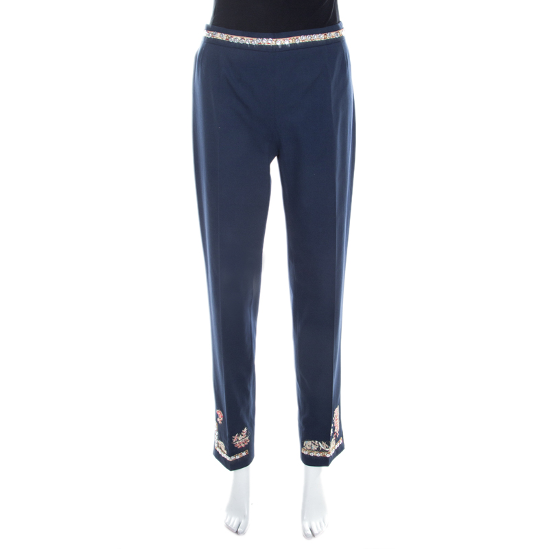 

Moschino Navy Blue Cotton Embroidered Embellished Detail Fitted Trousers