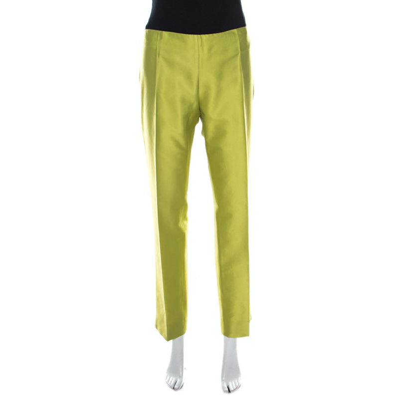 

Moschino Bright Green Silk Blend Flat Front Straight Leg Trousers