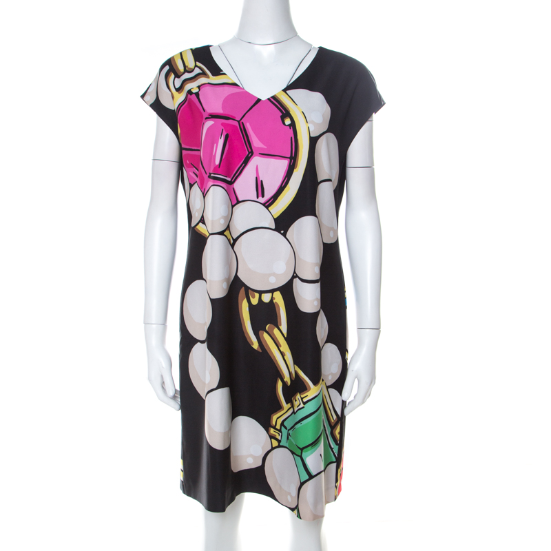 Pre Owned Boutique Moschino Multicolor Gem Printed Stretch Crepe Oversized Dress M