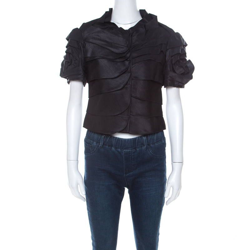 Pre Owned Moschino Black Ruffle Satin Crepe Short Sleeve Blouse  S