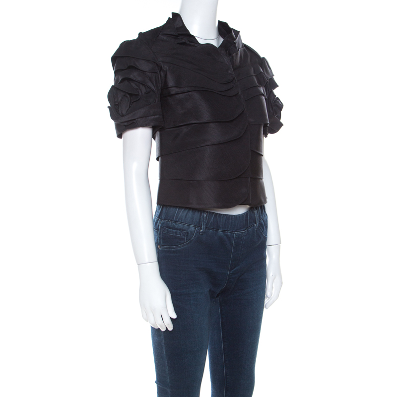

Moschino Black Ruffle Satin Crepe Short Sleeve Blouse
