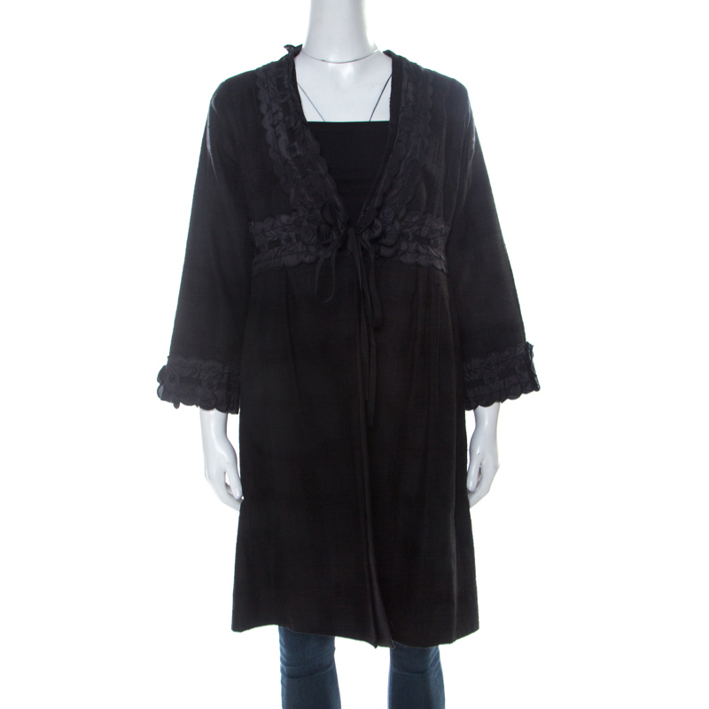 Pre Owned Moschino Black Textured Cotton and Silk Trim Detail Mid Length Jacket M 
