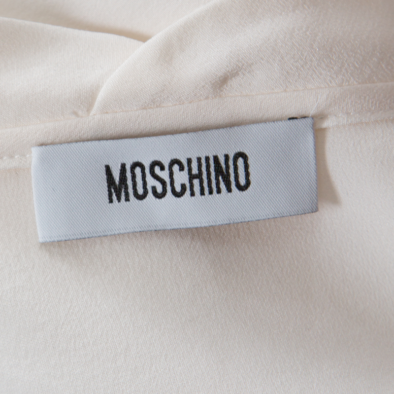 Pre-owned Moschino Cream Silk Crepe De Chine Bow Detail Short Sleeve Blouse L