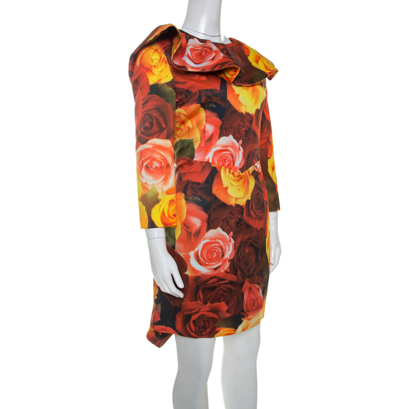 

Moschino Red Floral Printed Taffeta Ruffle Detail Short Dress