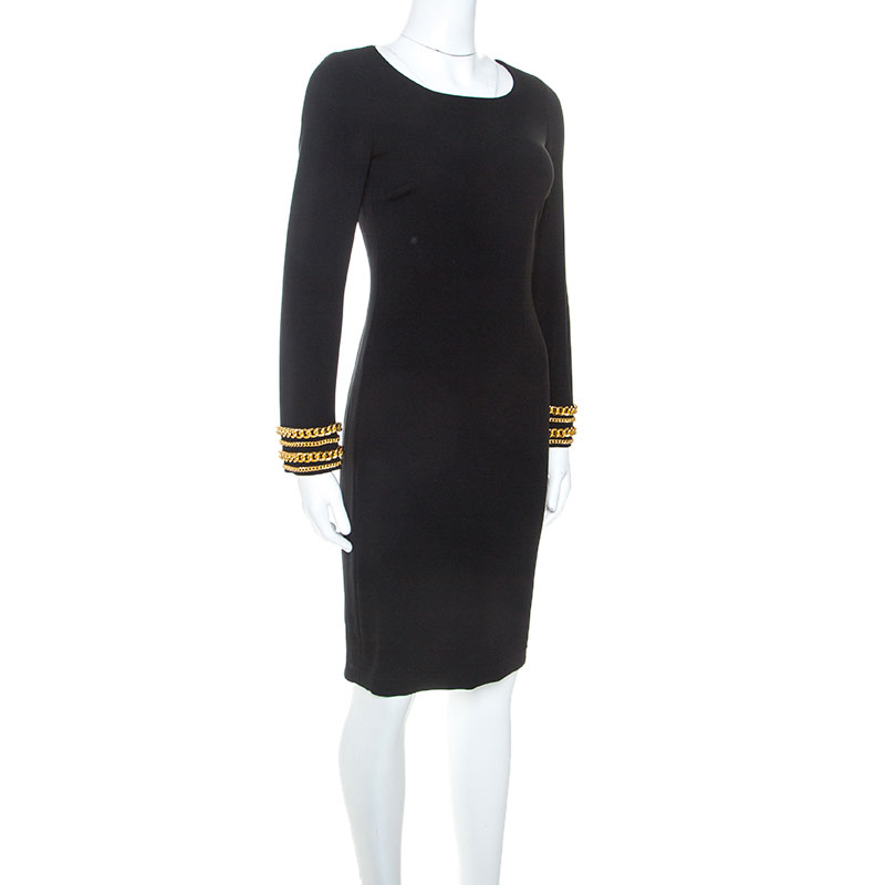 

Boutique Moschino Black Stretch Crepe Chain Detail Long Sleeve Sheath Dress
