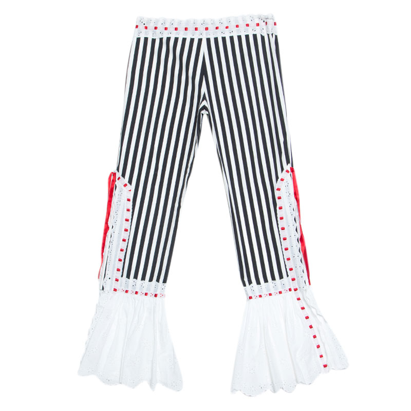 

Moschino Black & White Striped Cotton Lace Detail Ruffled Capri Pants