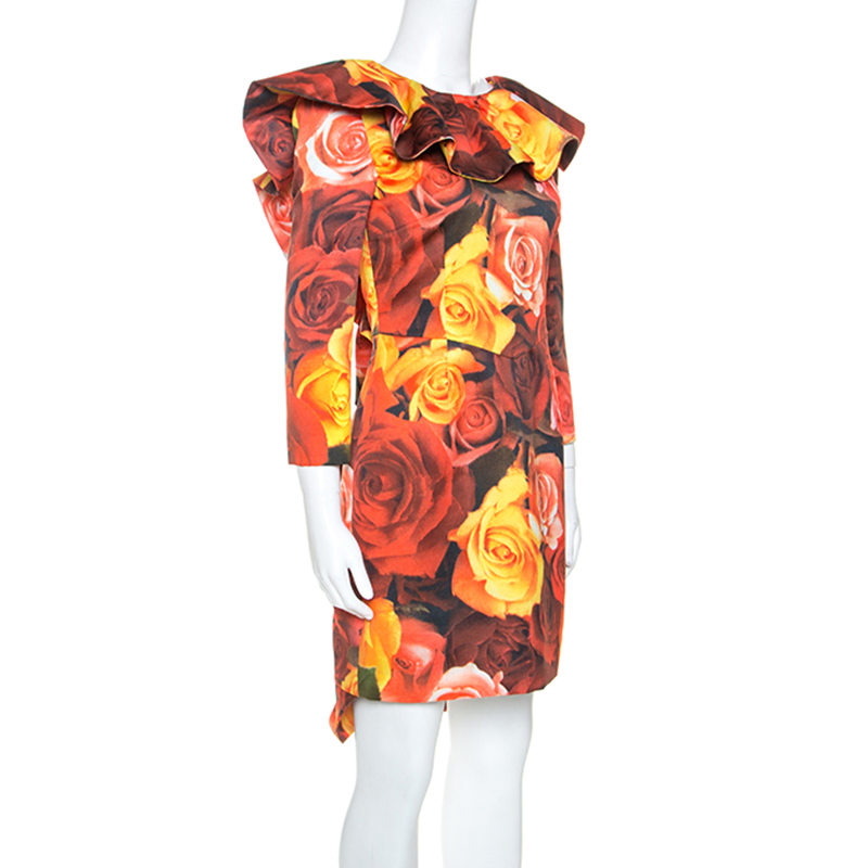 

Moschino Red Floral Printed Taffeta Ruffle Detail Short Dress