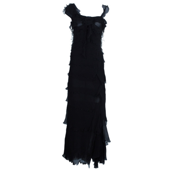 Pre Owned Moschino Black Tiered Silk Chiffon Gown M