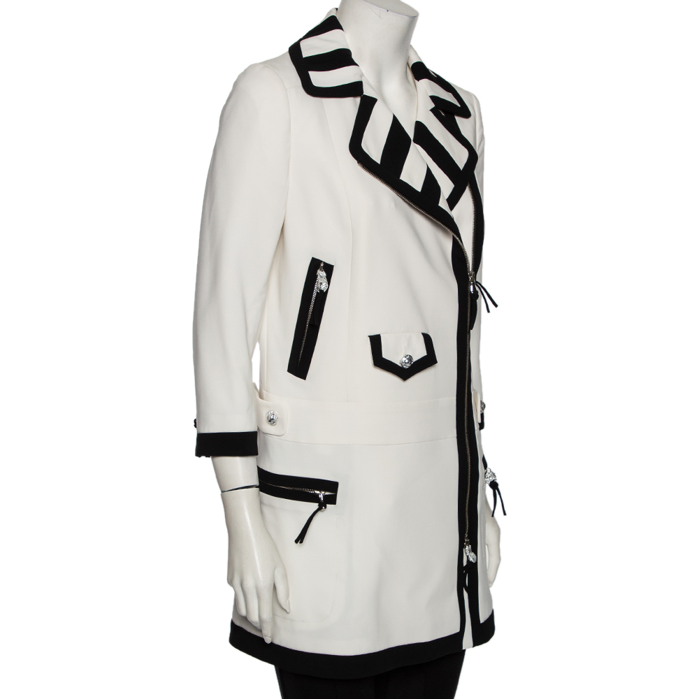 

Moschino White Crepe Contrast Trim Detail Zip Front Coat