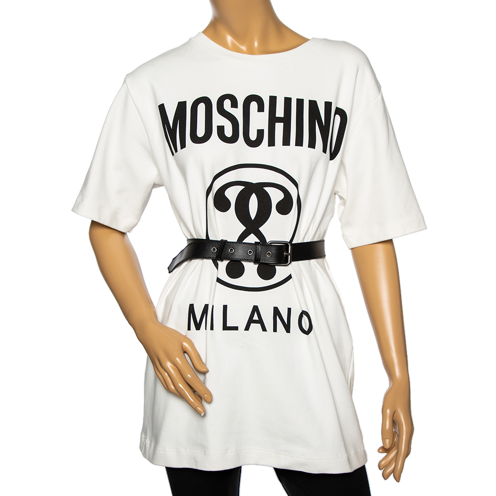 

Moschino White Jersey Double Question Mark Logo Print Belted T-Shirt Dress