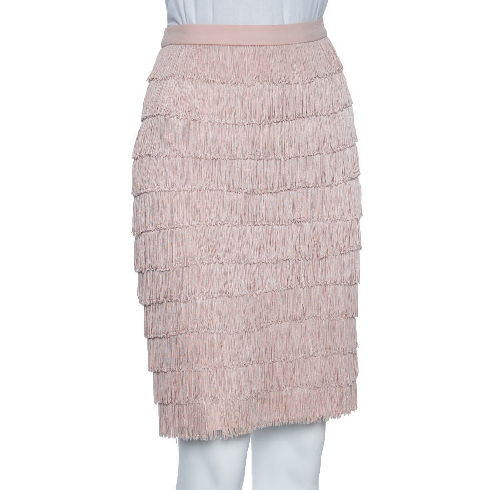 

Moschino Pale Pink Crepe Fringed Pencil Skirt