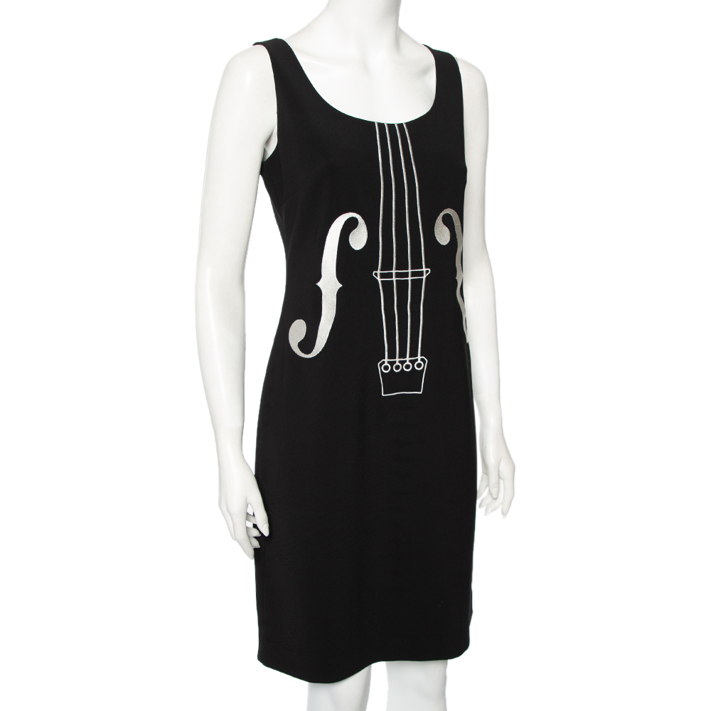 

Boutique Moschino Black Violin Embroidered Sleeveless Sheath Dress