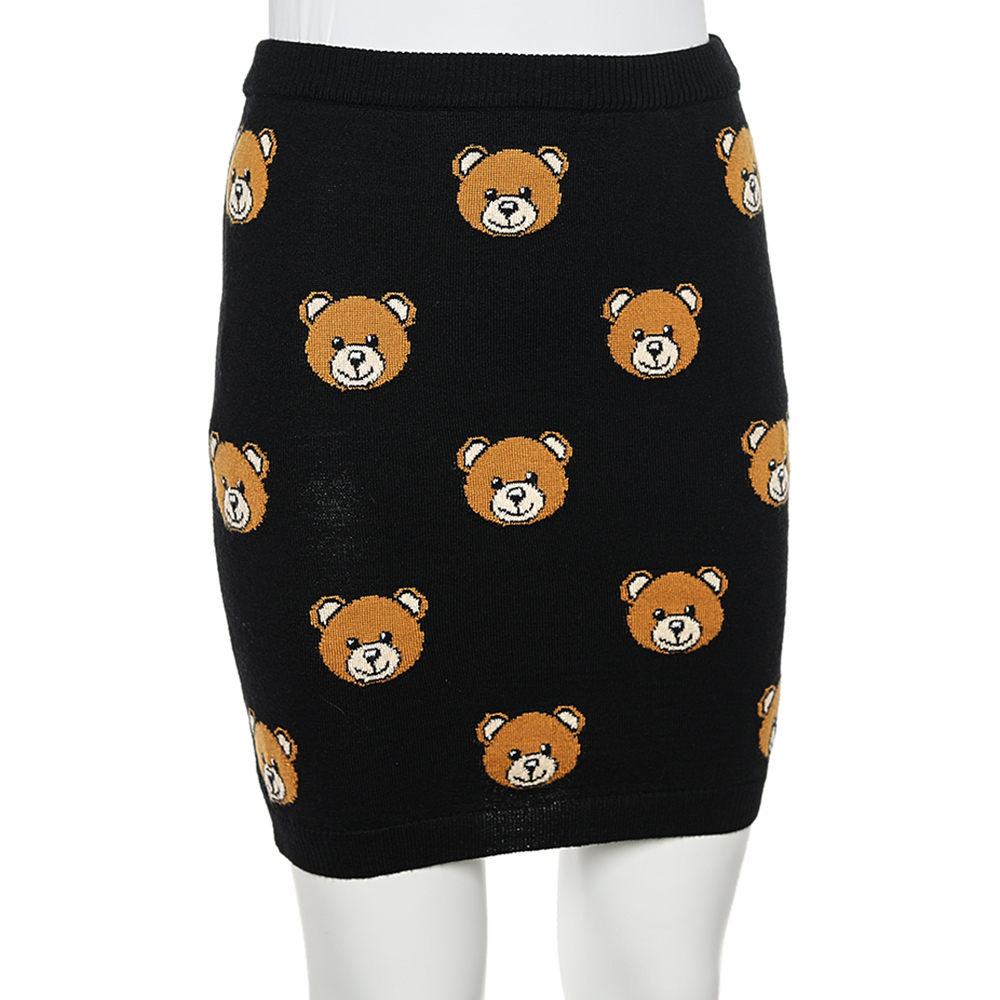 

Moschino Couture Black Teddy Intarsia Wool Knit Mini Tube Skirt