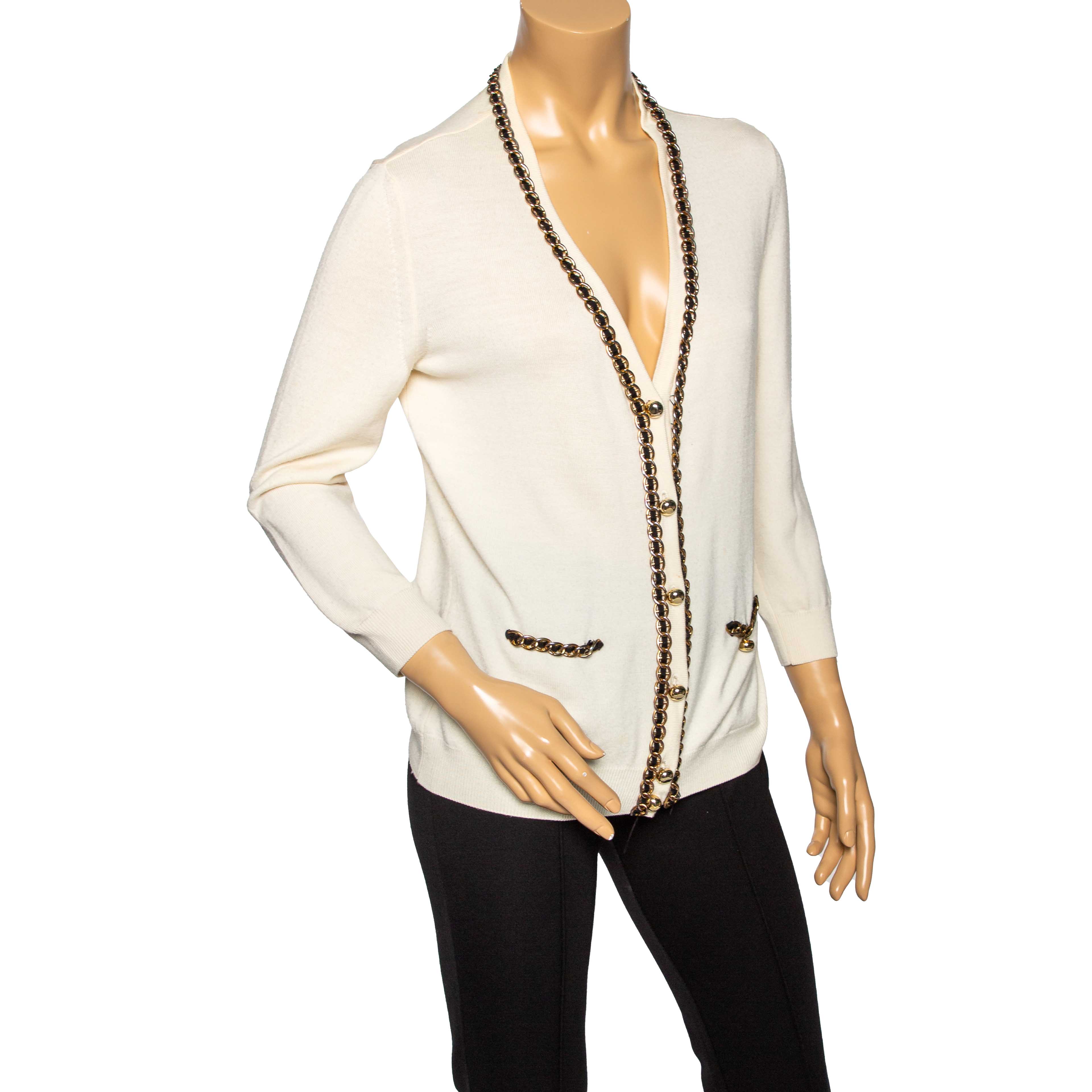 

Moschino Cream Wool Knit Chain Trimmed Button Front Cardigan
