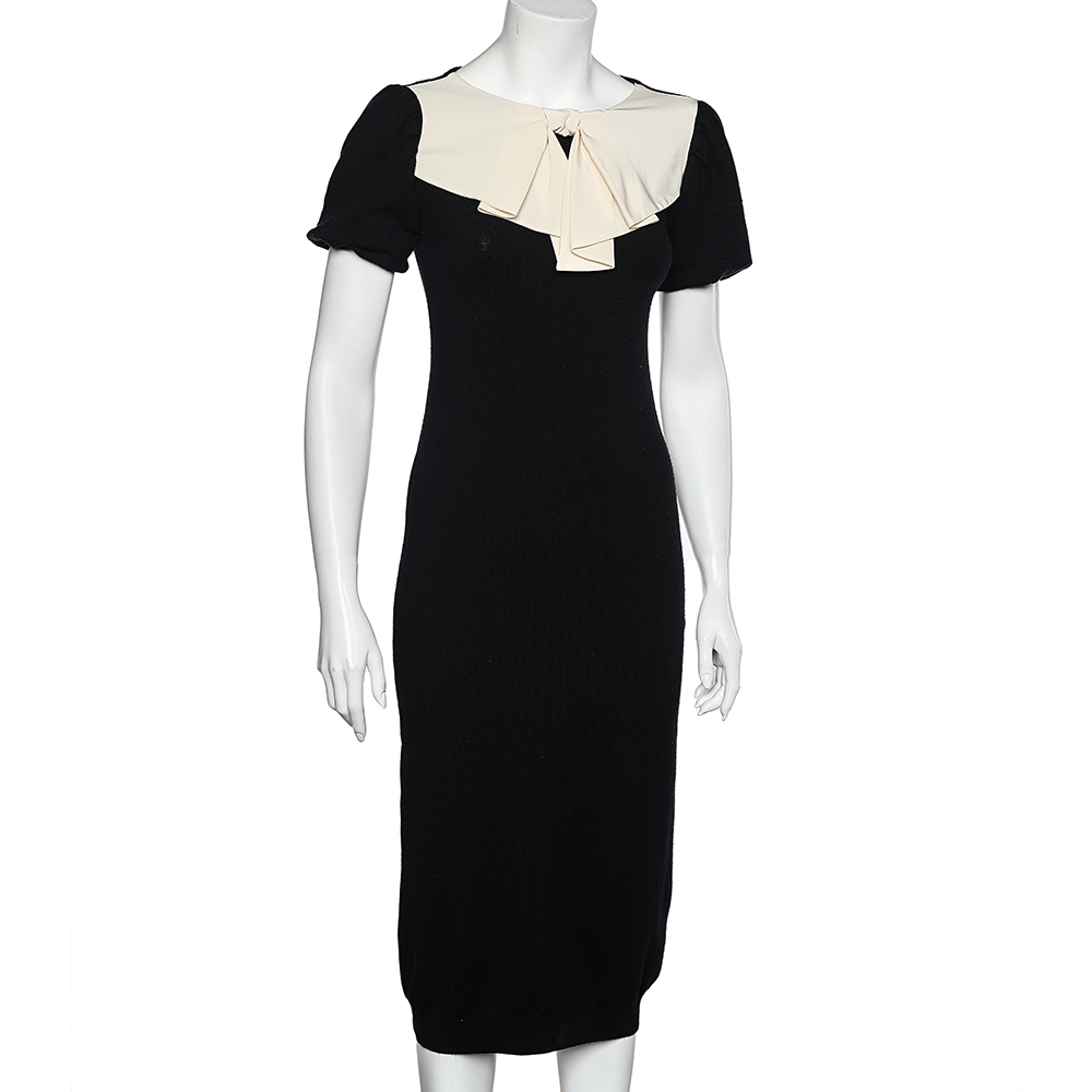 

Moschino Black Wool Knit Contrast Bow Detail Midi Dress