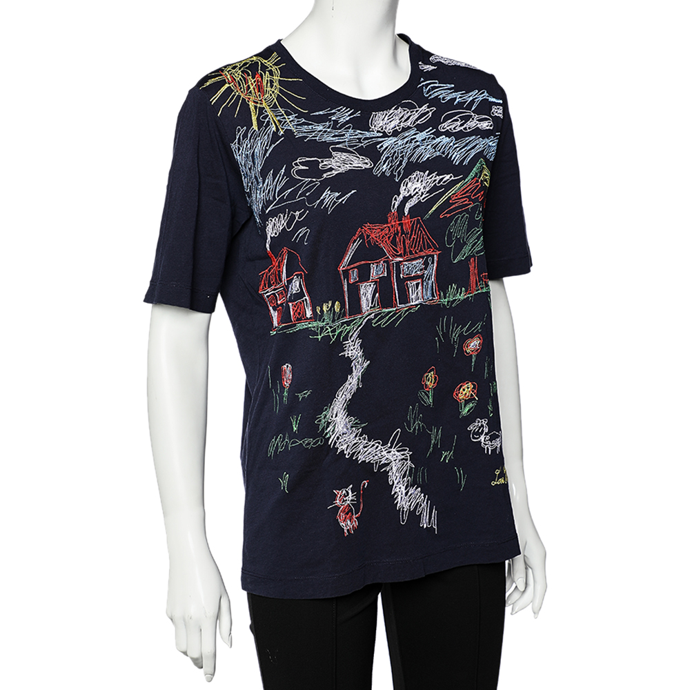 

Moschino Navy Blue Kid's Painting Embroidered Cotton T-Shirt