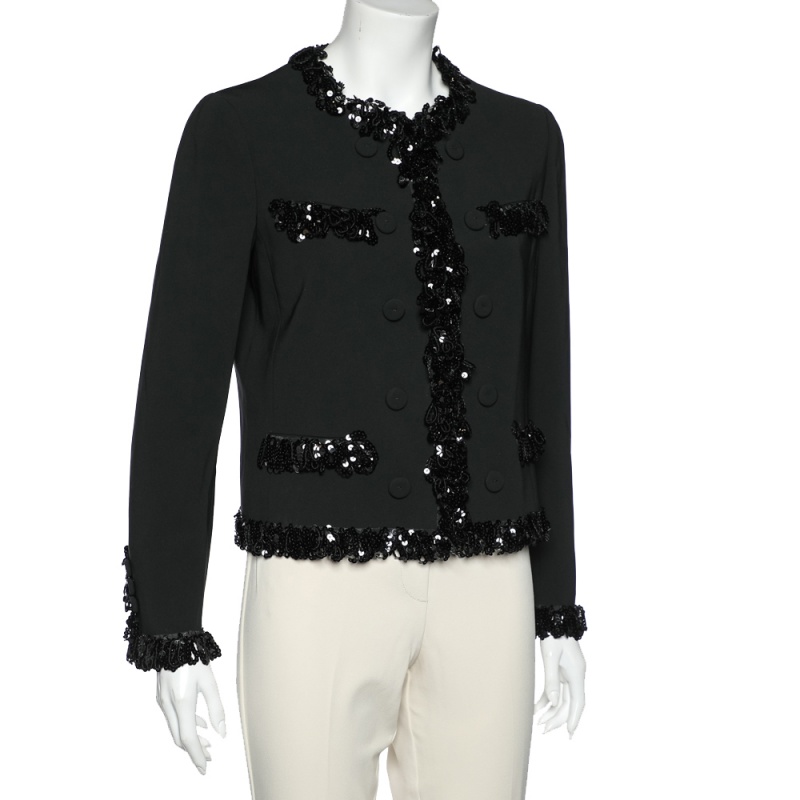 

Moschino Black Crepe Sequined Trim Detail Hook Front Jacket