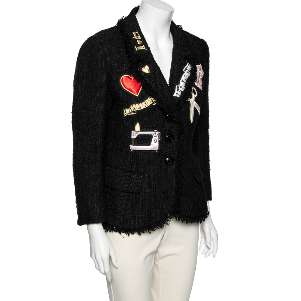 

Moschino Black Tweed Appliqué Detail Frayed Blazer