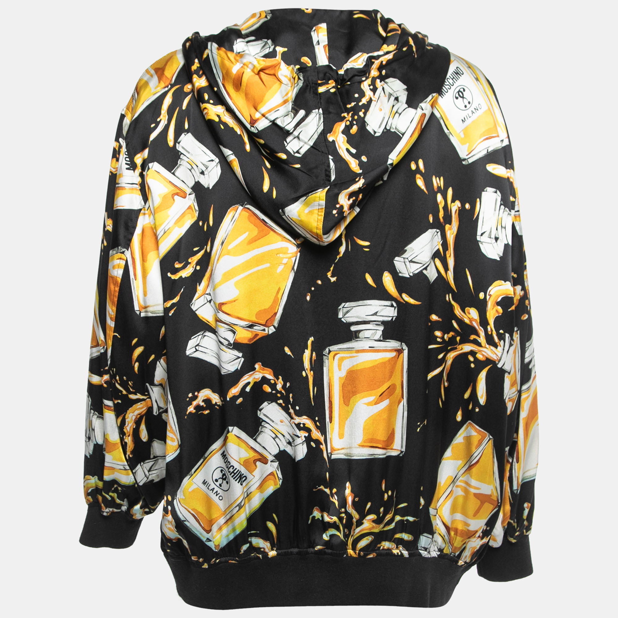 

Moschino Black/Yellow Spilled Perfume Bottle Print Silk Zip Front Hooded Jacket
