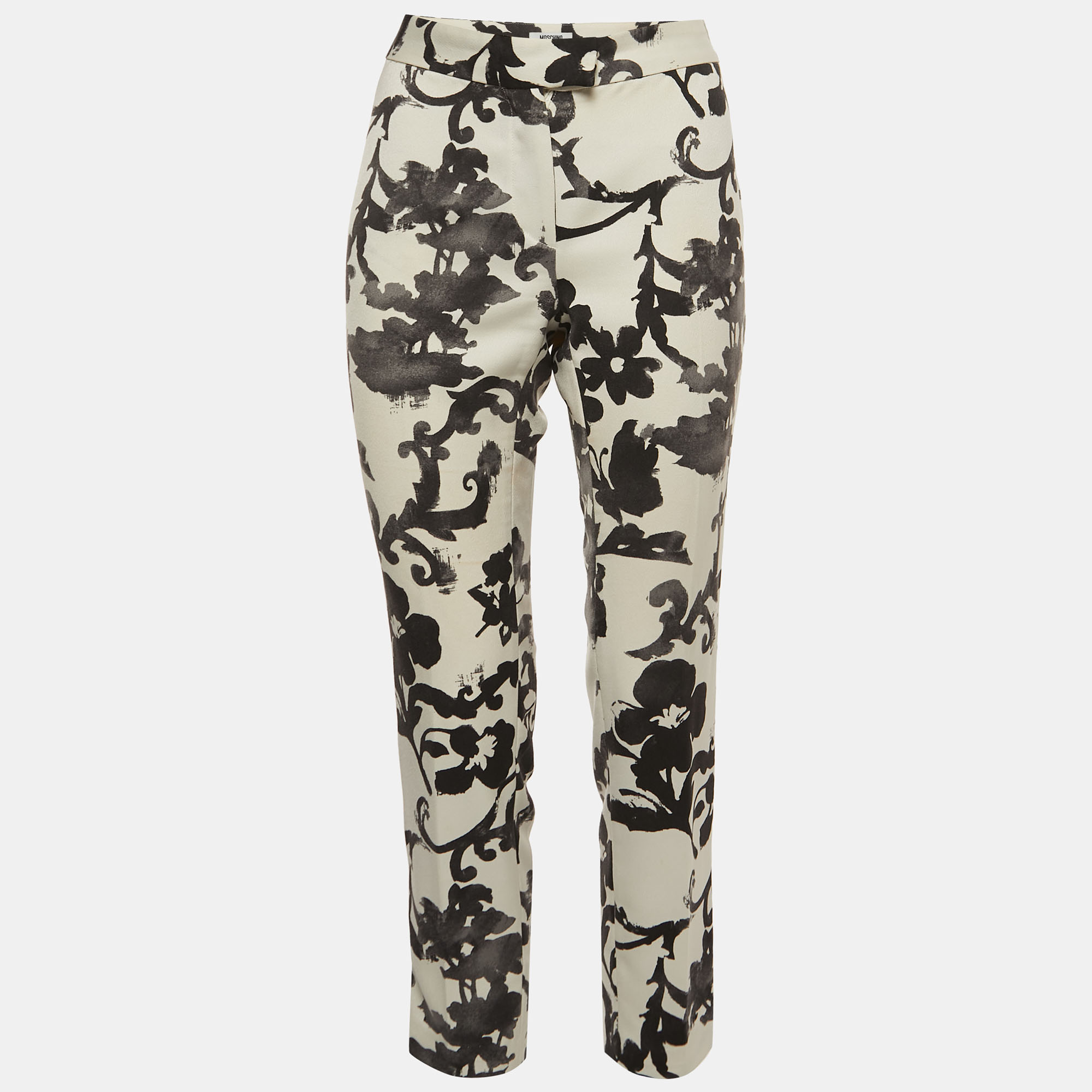 

Moschino Off-White/Black Floral Print Crepe Trousers