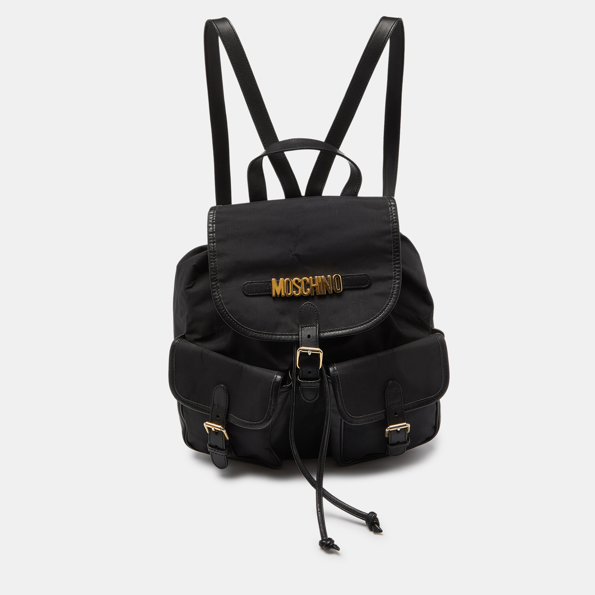 

Moschino Black Nylon and Leather Logo Flap Backpack