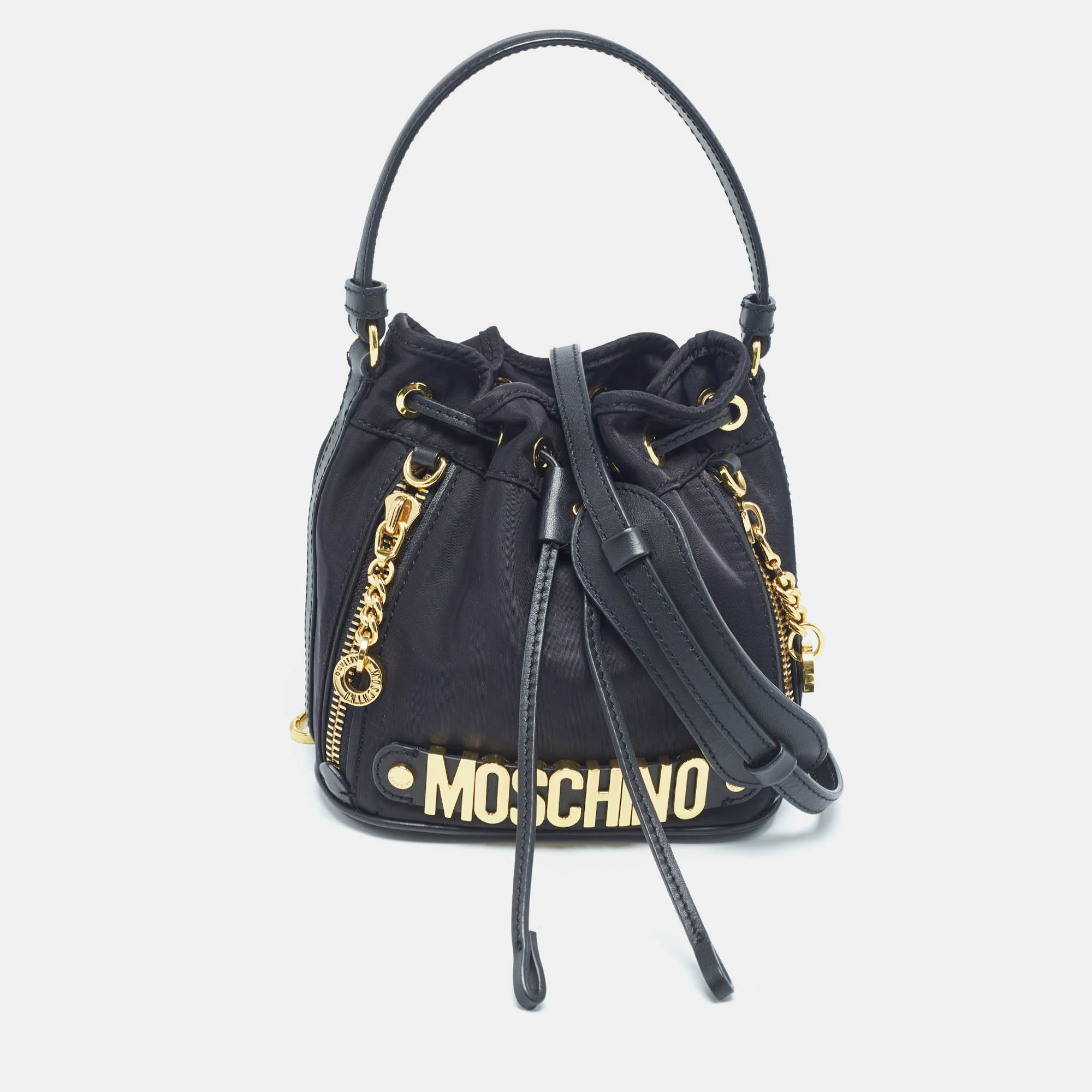 

Moschino Black Nylon and Leather Classic Logo Bucket Bag