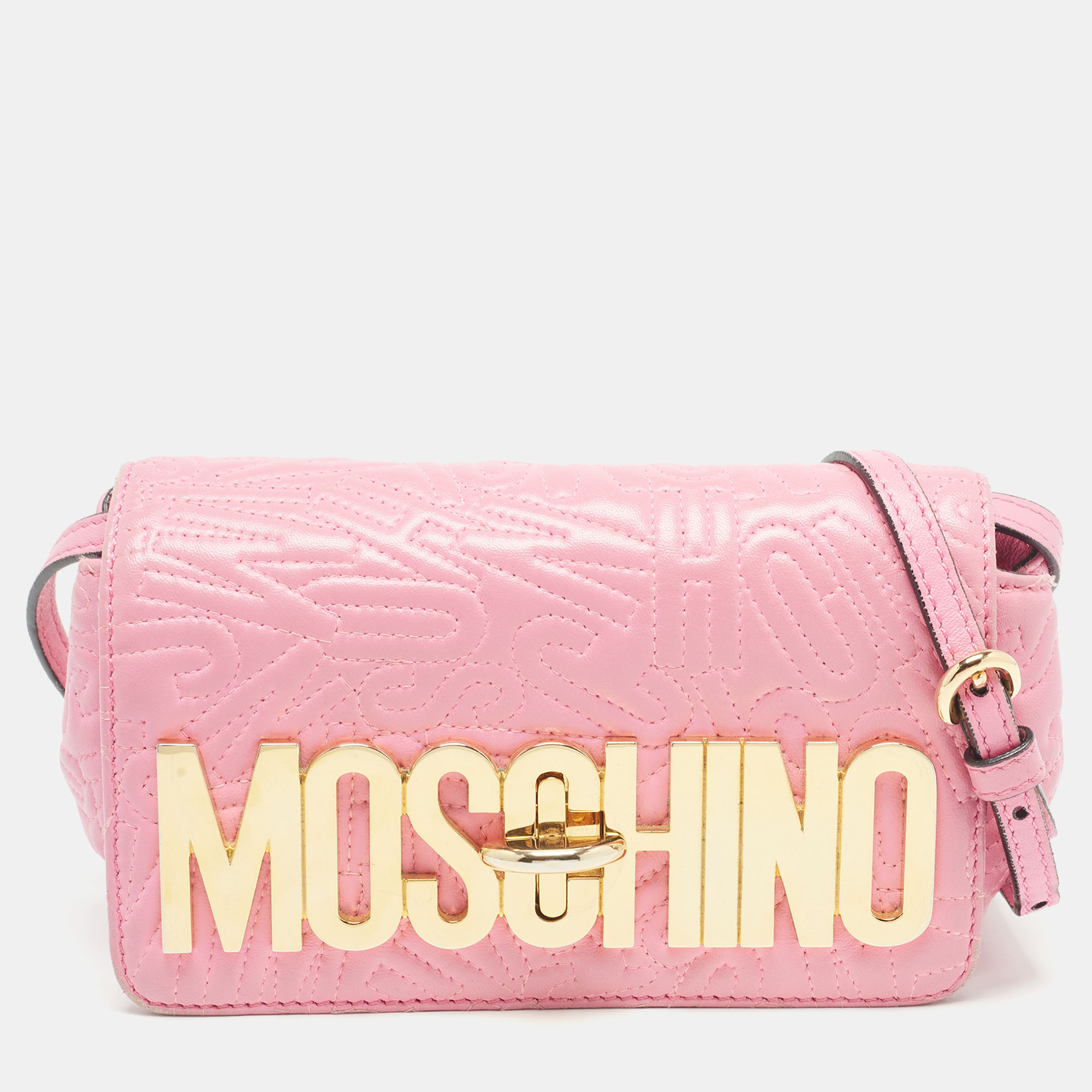 

Moschino Pink Embossed Leather Logo Crossbody Bag