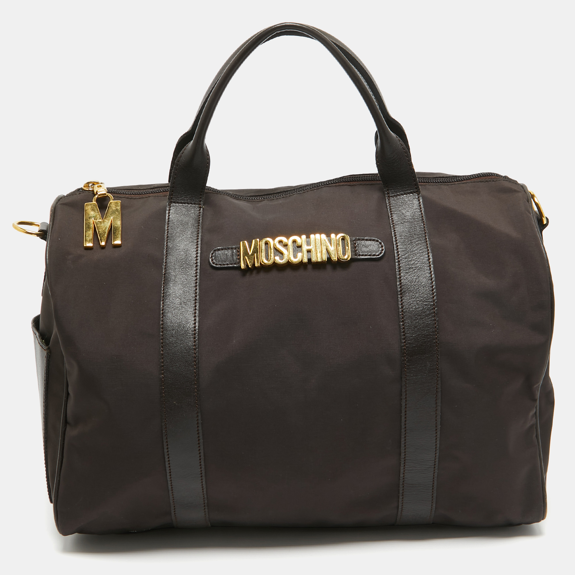 

Moschino Dark Brown Leather and Nylon Classic Logo Boston Bag