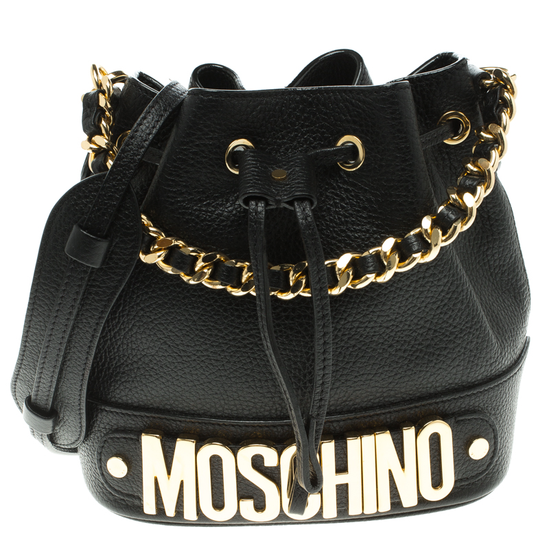 Pre Owned Moschino Black Leather Drawstring Crossbody Bag