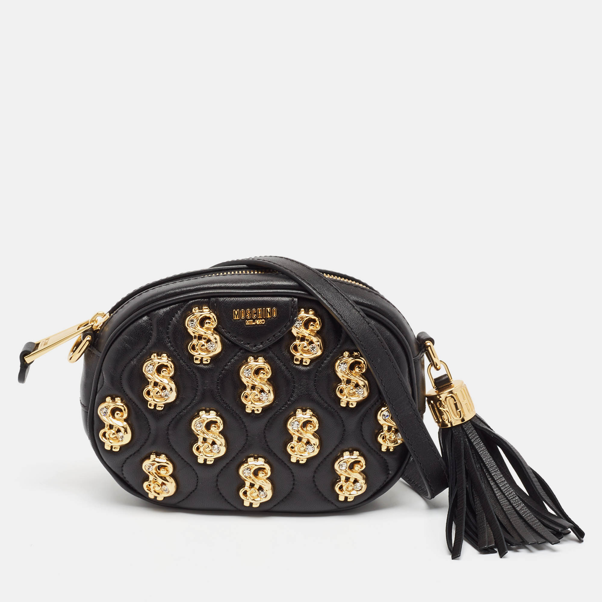 

Moschino Black Leather Dollar Studs Crossbody Bag