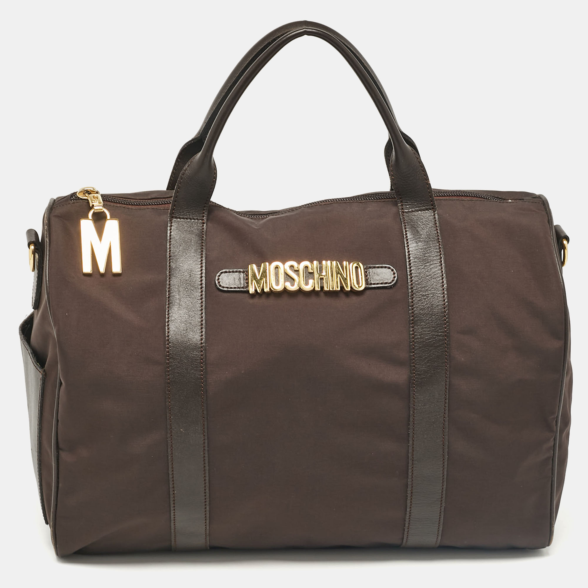 Pre-owned Moschino Dark Brown Nylon Logo Boston Bag