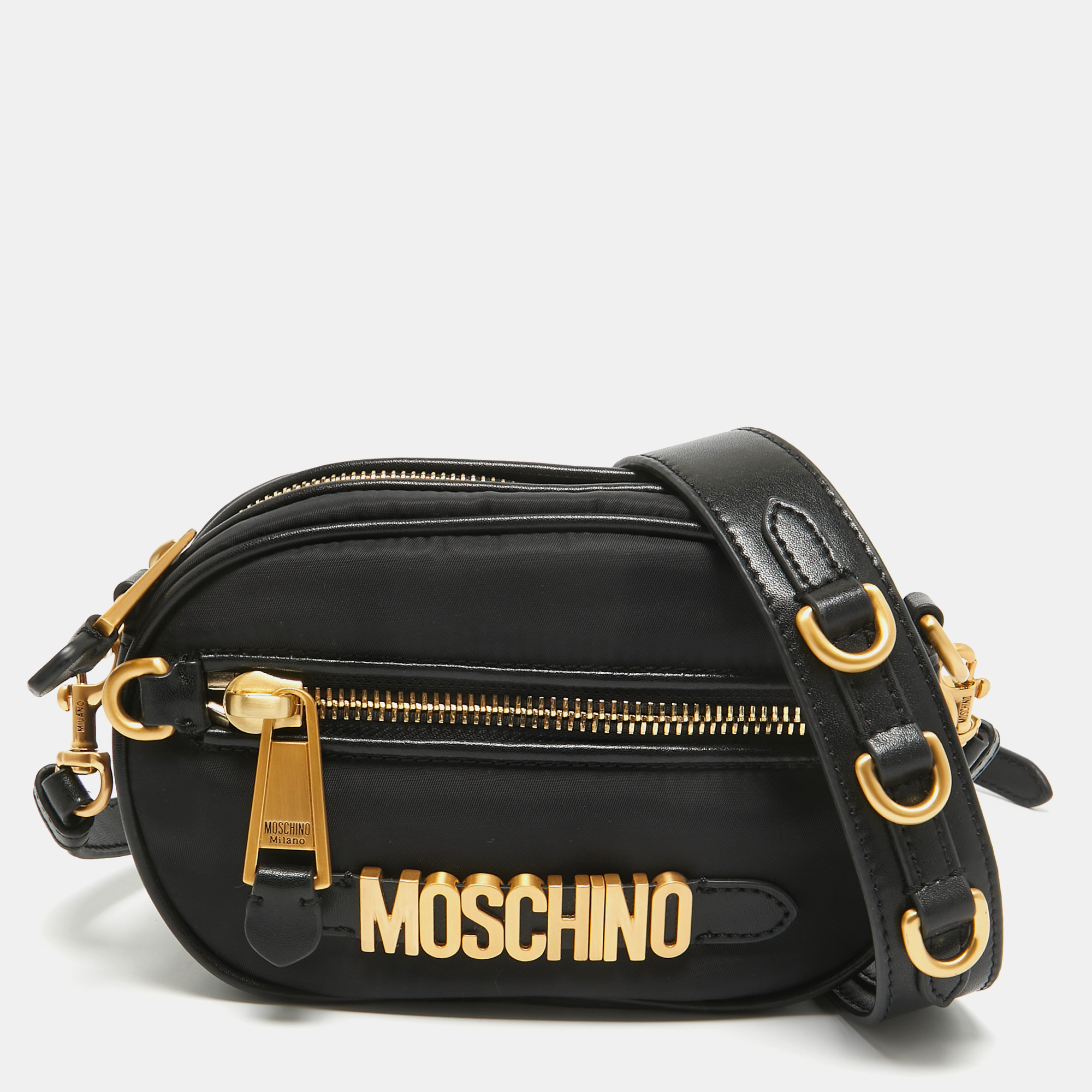 

Moschino Black Leather and Nylon Classic Logo Camera Crossbody Bag