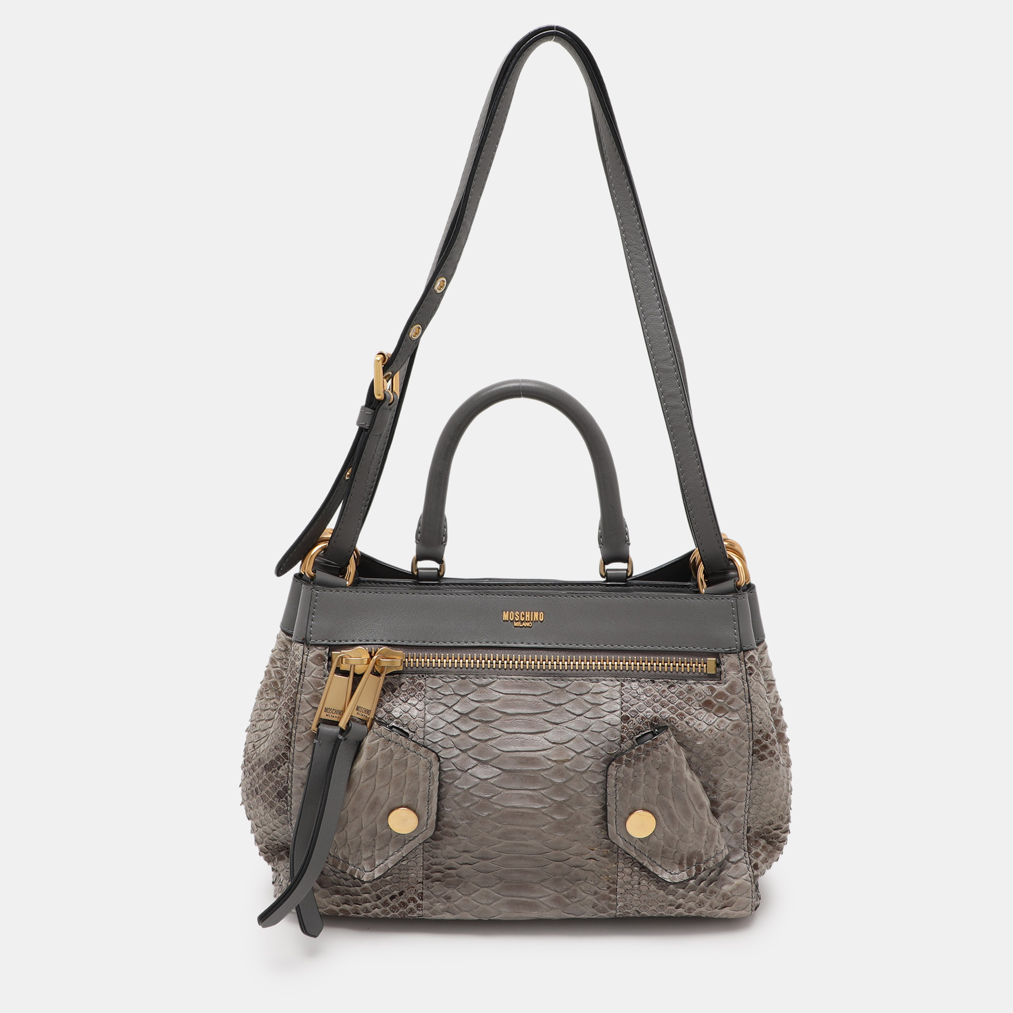 

Moschino Grey Python Embossed Leather Biker Satchel