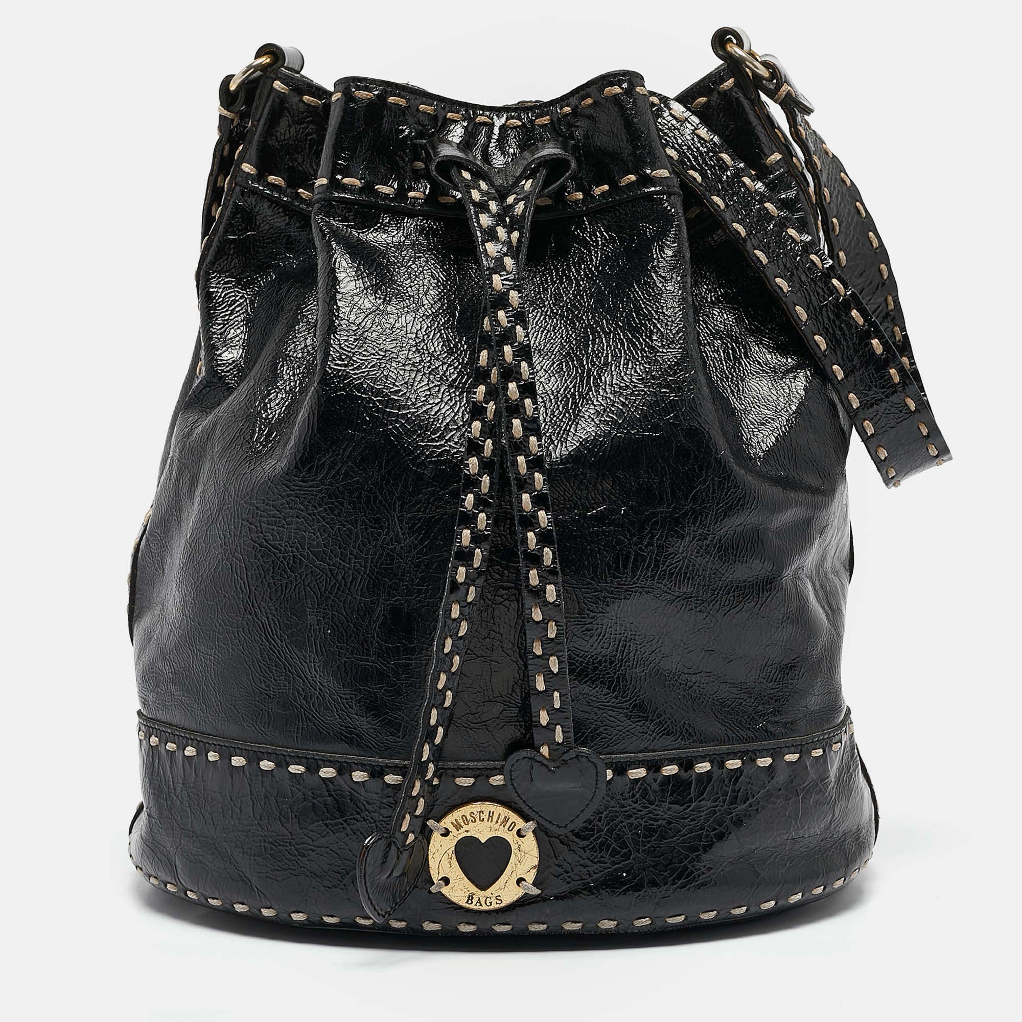 

Moschino Black Wild Stitch Patent Leather Drawstring Bucket Bag