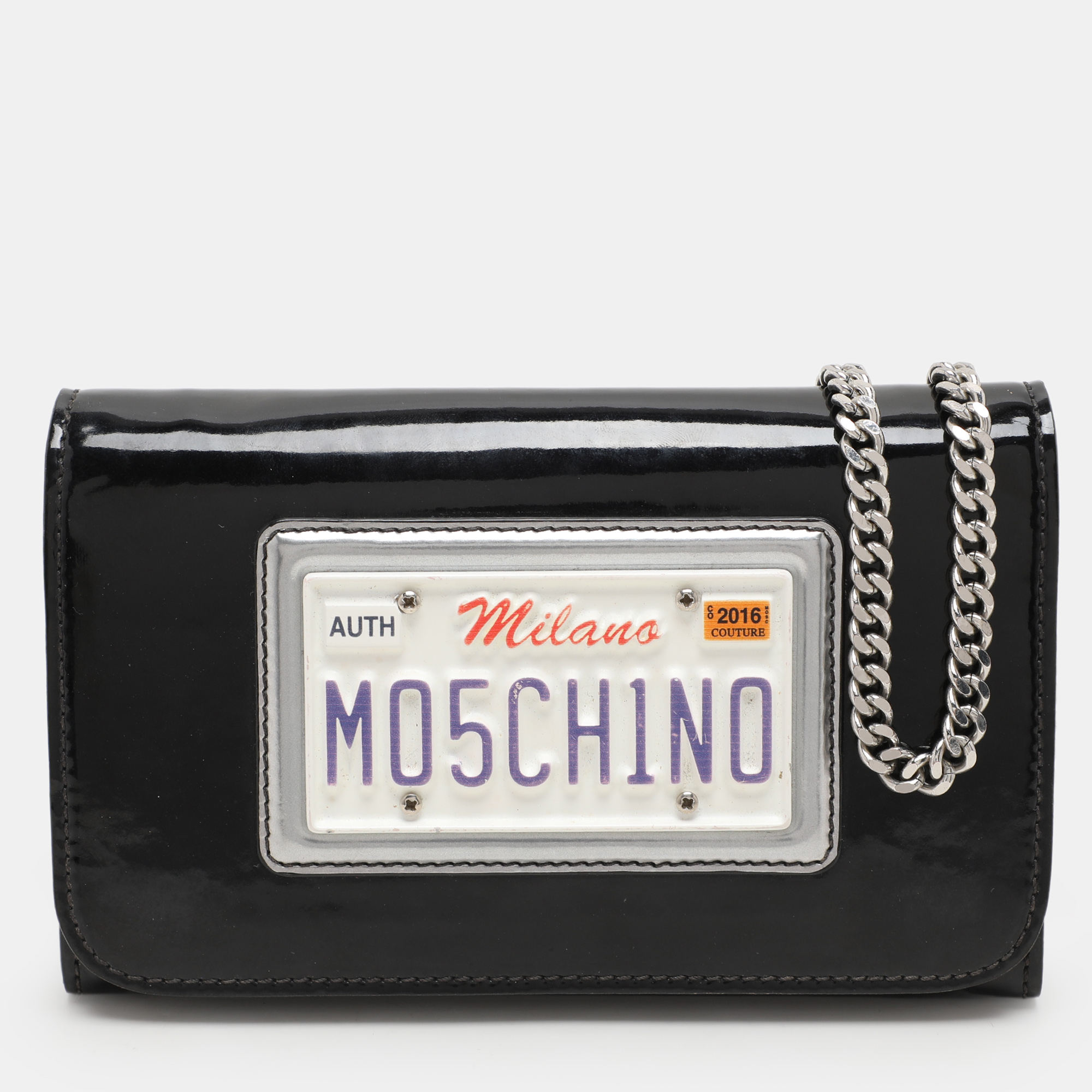 

Moschino Black Patent Leather Number Plate Chain Clutch