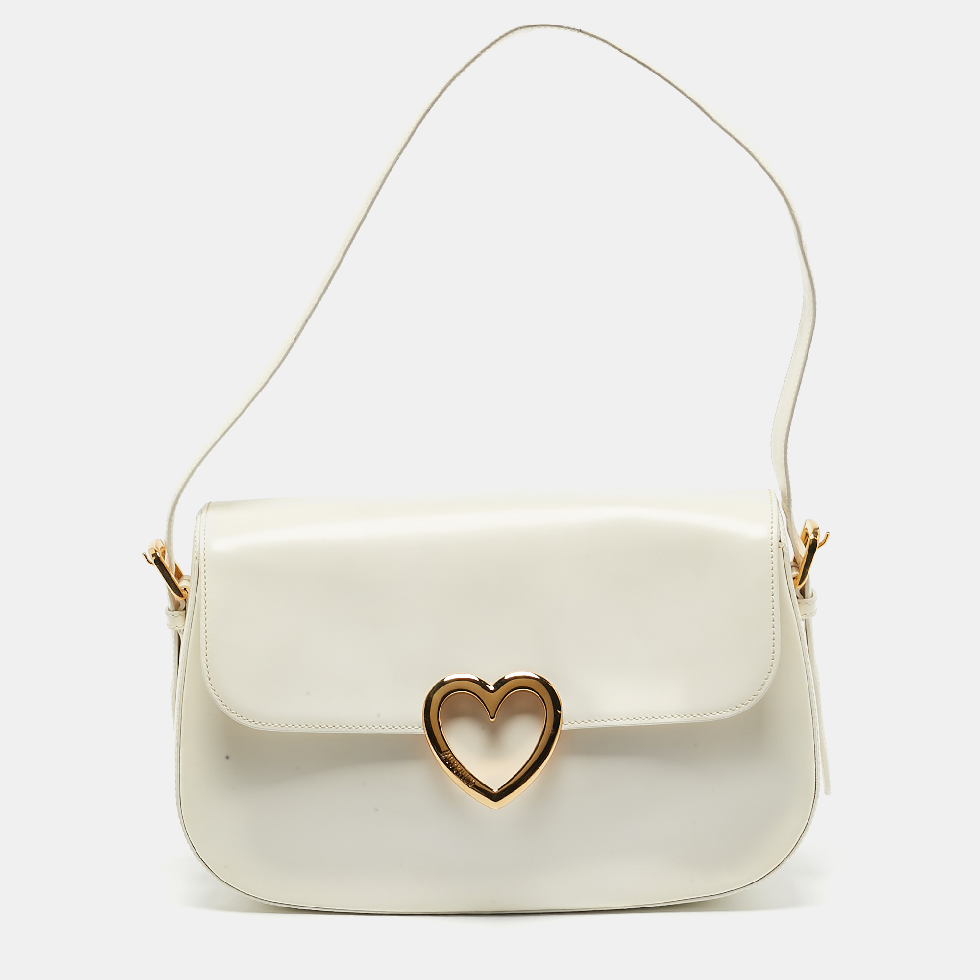 

Moschino White Glossy Leather Heart Flap Shoulder Bag