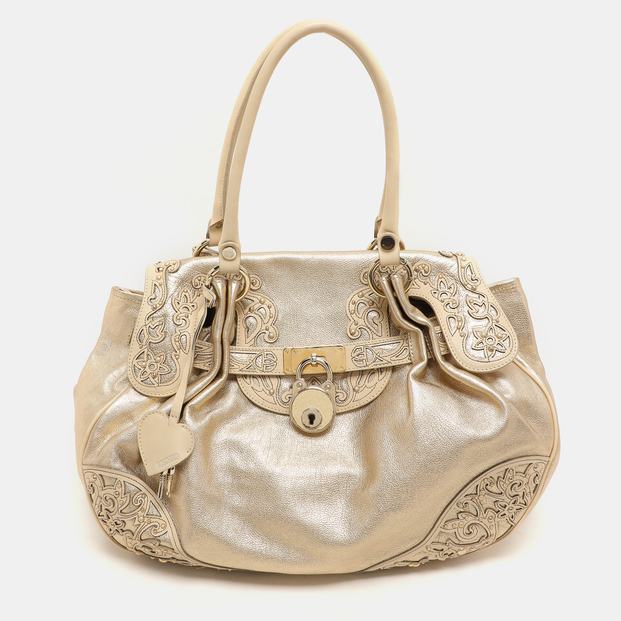 

Moschino Gold Leather Padlock Satchel