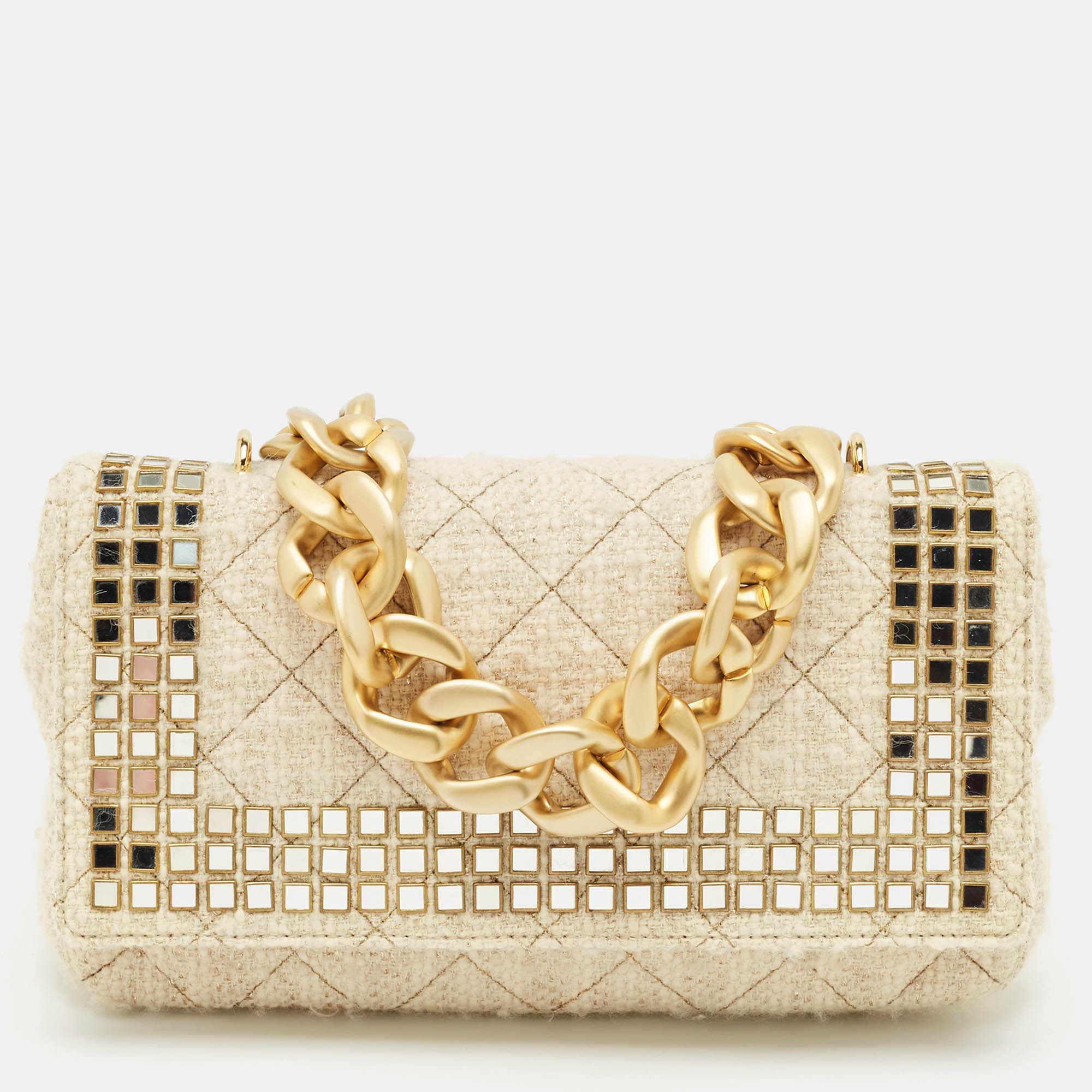 

Moschino Cream Quilted Tweed Mirror Embellished Chain Shoulder Bag